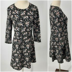 H&M Black Floral Fit and Flare Long Sleeve Skater Dress